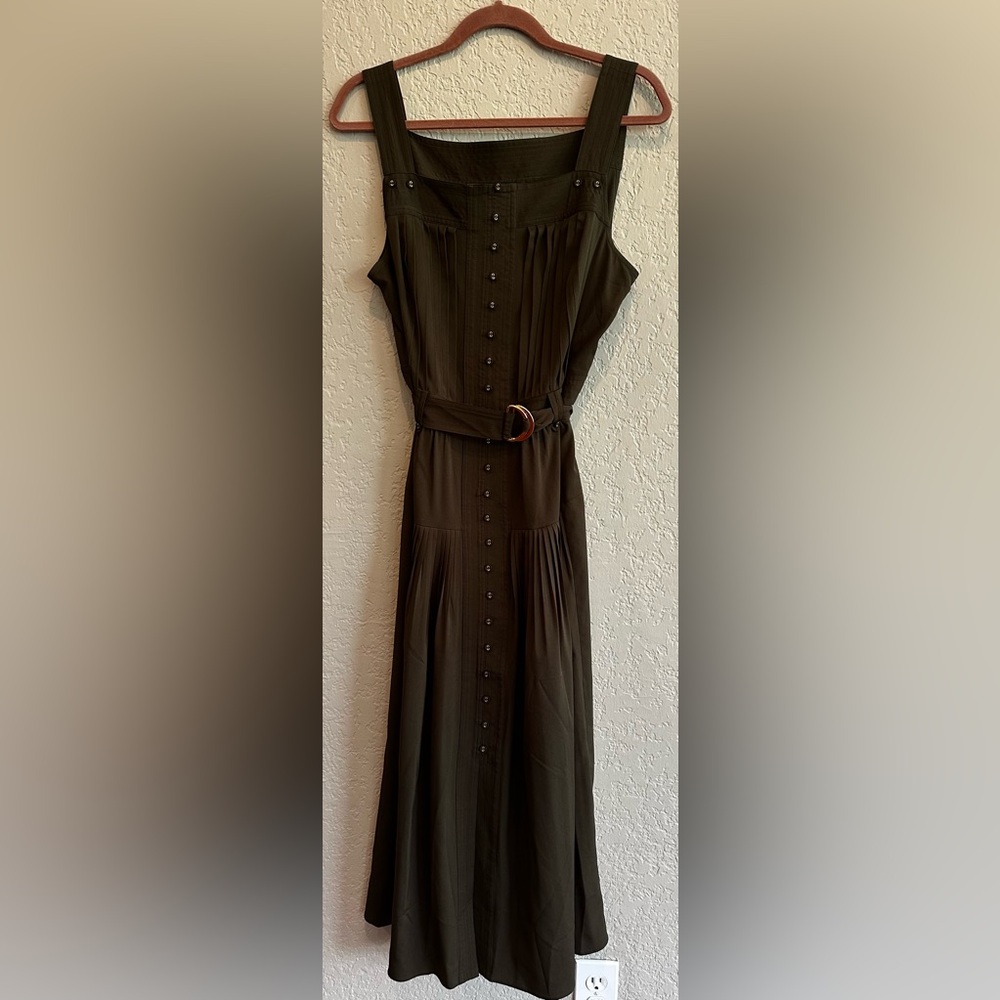 White House Black Market Utility Olive Green A-Line Belted Midi Dress NWOT